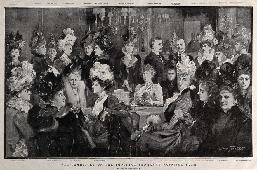Members of the committee set up to establish the Imperial Yeomanry Hospital in South Africa. Process print after J. Duncan, ca. 1900.