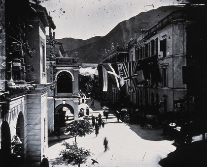 Queen's road, Hong Kong. Photograph, 1981, from a negative by John Thomson, ca. 1869.