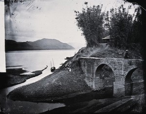 view An up-country Chinese bridge, Lye Fow Kok, on the River Min, Kwangtung province, China.
