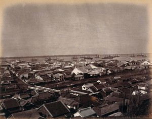 view Yokohama, Japan: panoramic view of the native and European residences in Yokohama town, looking towards the harbour. Photograph by W.P. Floyd, ca. 1873.