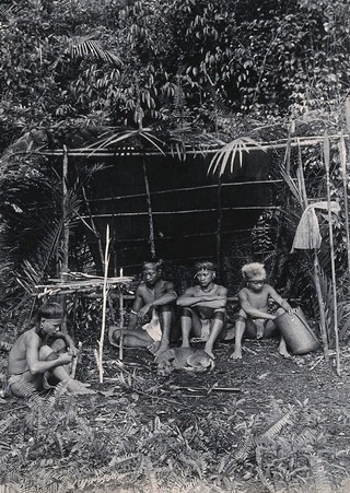 Sarawak: four Kayan hunters in their camp. Photograph.