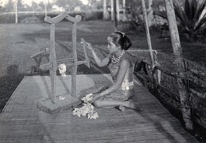 view Sarawak: a girl extracting the seeds of raw cotton in a cotton gin. Photograph.