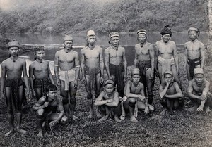 view Sarawak: people of a Long Pokun tribe from the Upper Tinjar region. Photograph.