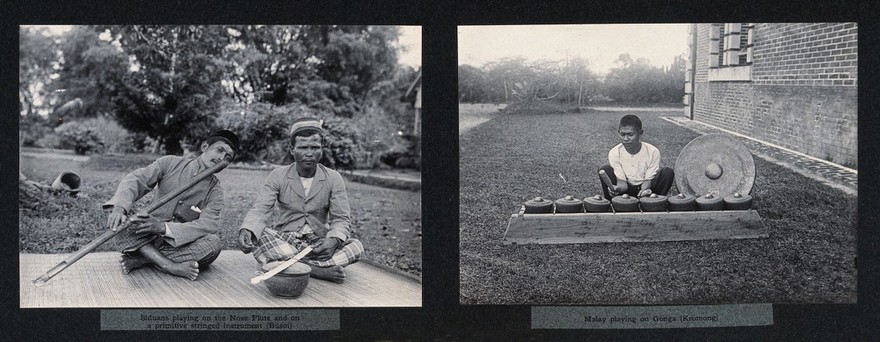 Sarawak: musicians playing on a nose flute, a stringed instrument and gongs. Photograph.