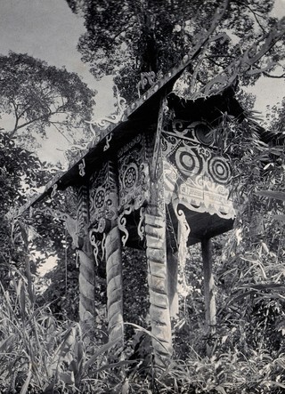 Sarawak: a ornamented house constructed for the body of a dead tribal chief. Photograph.