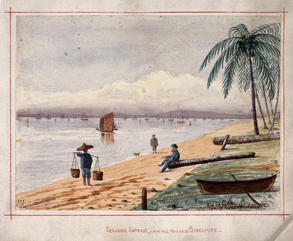 Singapore: view from the beach at Tanjong Katong. Watercolour by J. Taylor, 1879.