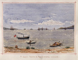 view Singapore: St. John's Island and The Sisters from the beach at Tanjong Katong. Watercolour by J. Taylor, 1879.