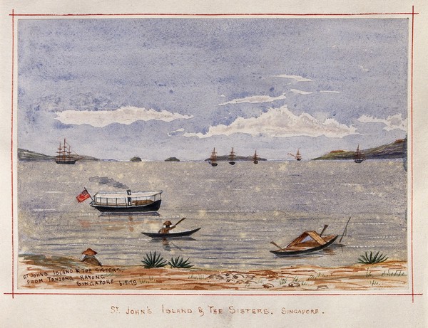 Singapore: St. John's Island and The Sisters from the beach at Tanjong Katong. Watercolour by J. Taylor, 1879.