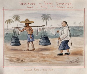 view Singapore: two Singaporean men carrying a yoke and smoking pipes. Watercolour by J. Taylor, 1879.