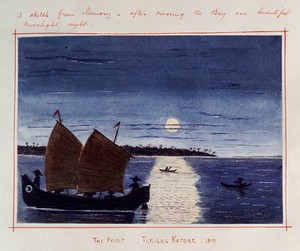 view Singapore: a moonlit view across the bay at Tanjong Katong. Watercolour by J. Taylor, 1879.