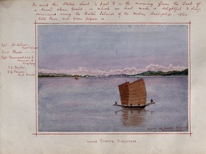 view Singapore: view across the Johore Straits. Watercolour by J. E. Taylor, 1879.