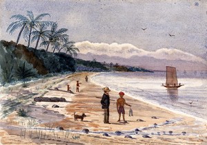 view Singapore: view along the beach by Singlap. Watercolour by J. Taylor, 1879.