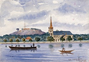 view Singapore: view across the harbour to Fort Canning and the cathedral. Watercolour by J. Taylor, 1879.