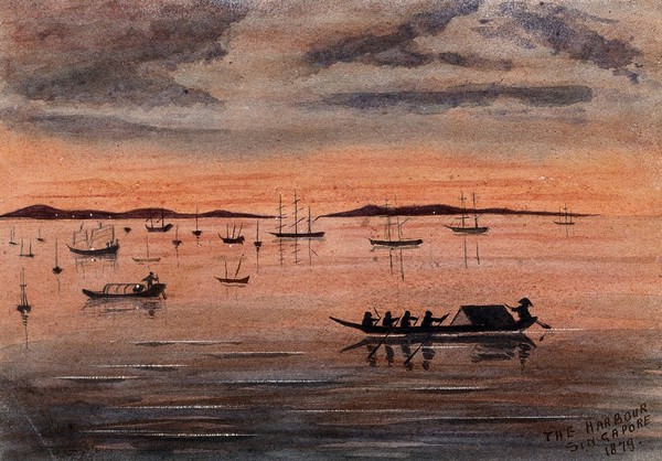 Singapore: sunset over the harbour. Watercolour by J. Taylor, 1879.