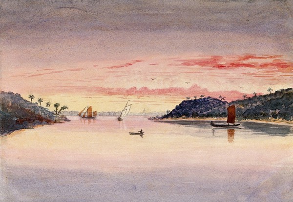Singapore: evening view of the entrance to the harbour. Watercolour by J. Taylor, 1879.