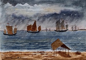 view Singapore: Chinese junks in the rain at Tanjong Katong. Watercolour by J. Taylor, 1879.