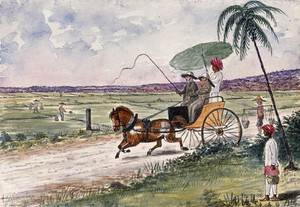 view Malaya: a pony and trap being driven down a country road. Watercolour by J. Taylor, 1879.