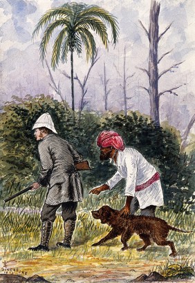 Singapore: a white man out hunting with a native guide. Watercolour by J. Taylor, 1879.