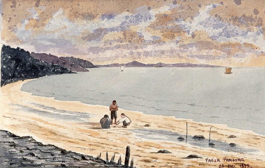Singapore: a view along the beach at Pasar Panjong. Watercolour by J. Taylor, 1879.