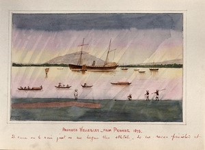 view Malaya: a ship and many small boats off the coast of Penang Island. Watercolour by J. Taylor, 1879.