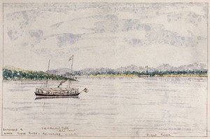 view Malaya: a steam yacht in the entrance to the Lower Klang River, Selangor. Watercolour by J. Taylor, 1880.