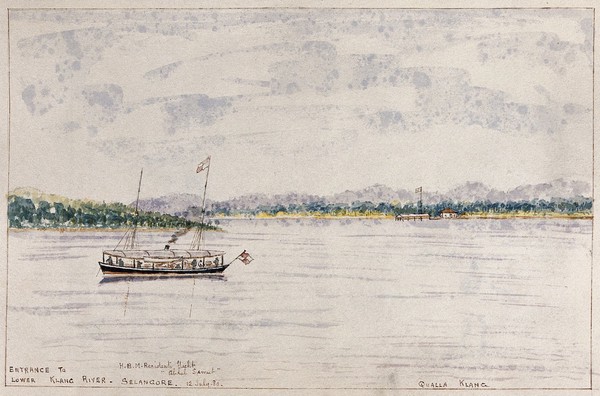 Malaya: a steam yacht in the entrance to the Lower Klang River, Selangor. Watercolour by J. Taylor, 1880.