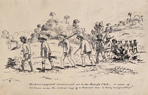 view Malaya: a line of white men out hunting accompanied by native Malays. Transfer lithograph after J. Taylor, c. 1879.