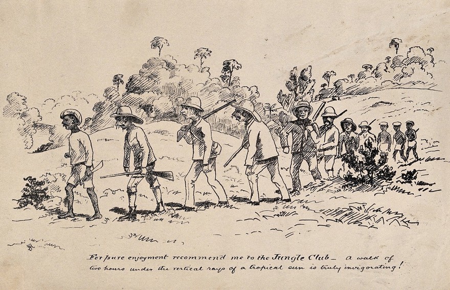 Malaya: a line of white men out hunting accompanied by native Malays. Transfer lithograph after J. Taylor, c. 1879.