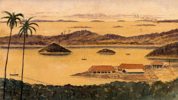 Singapore: a view across part of Blakang Mati Island. Watercolour by J. Taylor, 1880.