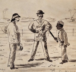 view Singapore: a police officer clearing two race-goers from the racecourse. Pen and ink drawing by J. Taylor, 1881.