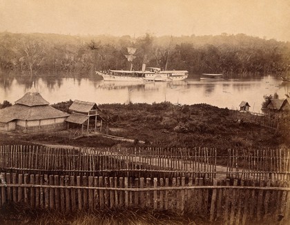 Malaya: steam yacht of the governor of the Straits Settlement on a Malaysian river. Photograph by J. Taylor, 1880.