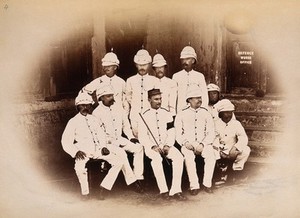 view Singapore: officers and men of the Royal Engineers employed in building fortifications. Photograph by J. Taylor, 1878.