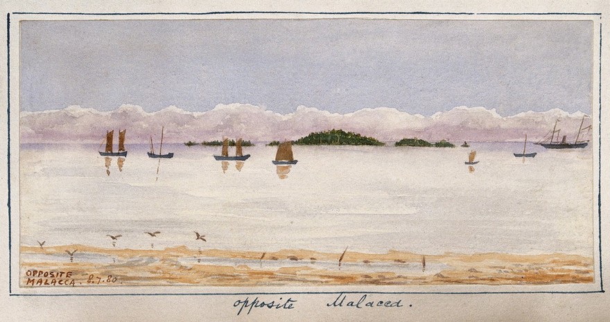 Malaya: men sitting in a cave near Kuala Lumpur. Watercolour by J. Taylor, c. 1881.