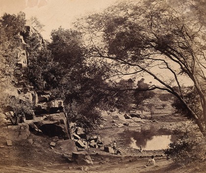 India: the 'Crow's Nest' battery beside a small pond. Photograph by F. Beato, c. 1858.