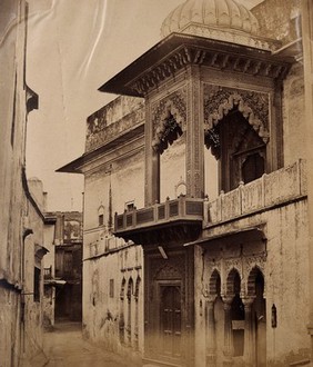 India: an ornate doorway and upper balcony, possibly in Delhi. Photograph by F. Beato, c. 1860.