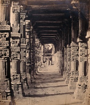 view India: interior of the Hindu temple in the Kootub near Delhi. Photograph by F. Beato, c. 1858.