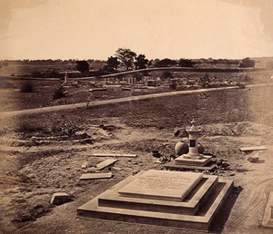 view India: the tombstone of Brigadier General Nicholson in a cemetery near Delhi. Photograph by F. Beato, c. 1858.