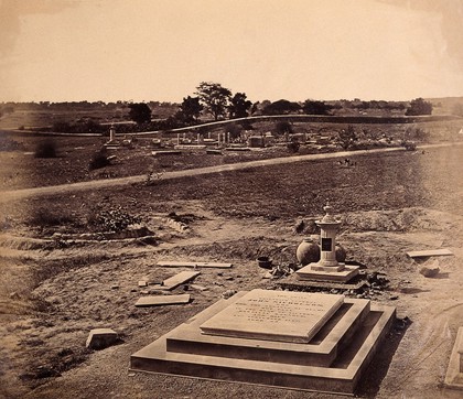 India: the tombstone of Brigadier General Nicholson in a cemetery near Delhi. Photograph by F. Beato, c. 1858.