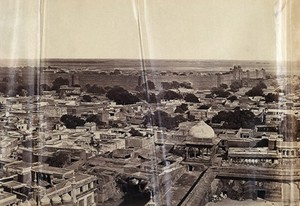 view India: part of a panoramic view of Delhi taken from the Jami Masjid mosque. Photograph by F. Beato, c. 1858.