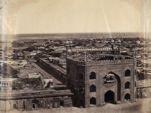 view India: part of a panoramic view of Delhi including the entrance to the Jami Masjid mosque. Photograph by F. Beato, c. 1858.