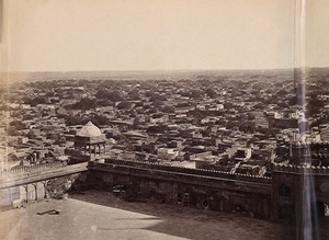 view India: part of a panoramic view of Delhi taken from the Jami Masjid mosque. Photograph by F. Beato, c. 1858.