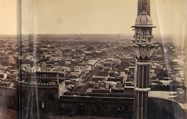 India: part of a panoramic view of Delhi taken from the Jami Masjid mosque. Photograph by F. Beato, c. 1858.