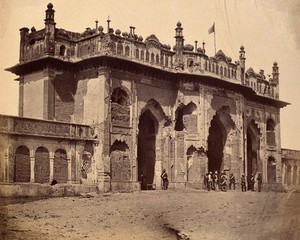 view Lucknow, India: the gateway of the second Emambara showing damage done during the Indian Rebellion. Photograph by F. Beato, c. 1858.