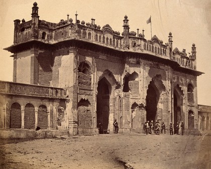 Lucknow, India: the gateway of the second Emambara showing damage done during the Indian Rebellion. Photograph by F. Beato, c. 1858.