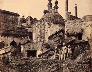 view Lucknow, India: the Chutter Munzil, showing damage caused by an explosion during the Indian Rebellion. Photograph by Felice Beato, ca. 1858.