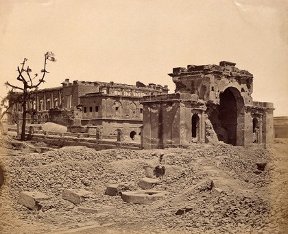 Lucknow, India: the Lucknow Residency in ruins: gateway and banqueting room, showing damage caused during the Indian Rebellion. Photograph by Felice Beato, ca. 1858.