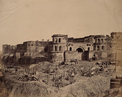 Lucknow, India: the Lucknow Residency in ruins: the Muchee Bawun and the Lucknow citadel. Photograph by Felice Beato, ca. 1858.