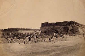 view Kanpur, India: the site of Major-General Sir Hugh Massy Wheeler's British military entrenchment during the Indian Rebellion. Photograph by Felice Beato, ca. 1858.