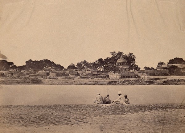 India: the site on the Ganges (showing the temple Satichaura Ghat ?) where British citizens were murdered during the Indian Rebellion. Photograph by Felice Beato, ca. 1858.