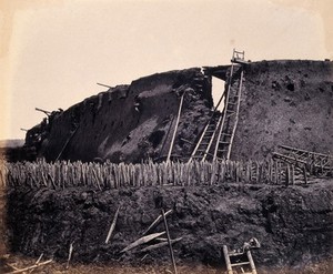 view Taku, China: the North Fort on the day of capture from the Chinese by the English and French armies during the Second China War. Photograph by Felice Beato, 1860.